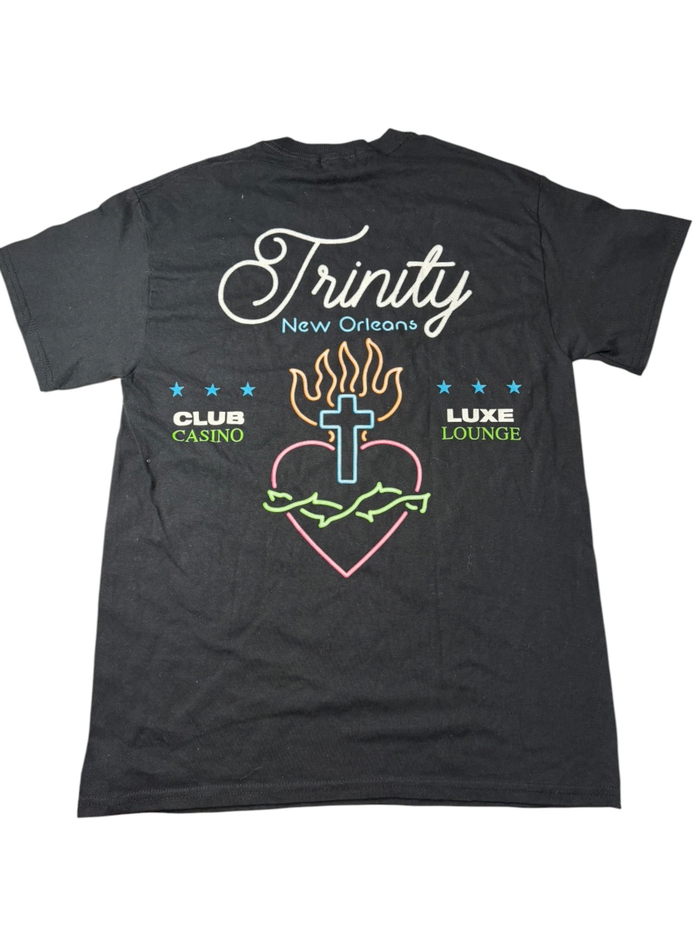 Topman Black Tee with Neon Heart, Cross & Flame Graphic